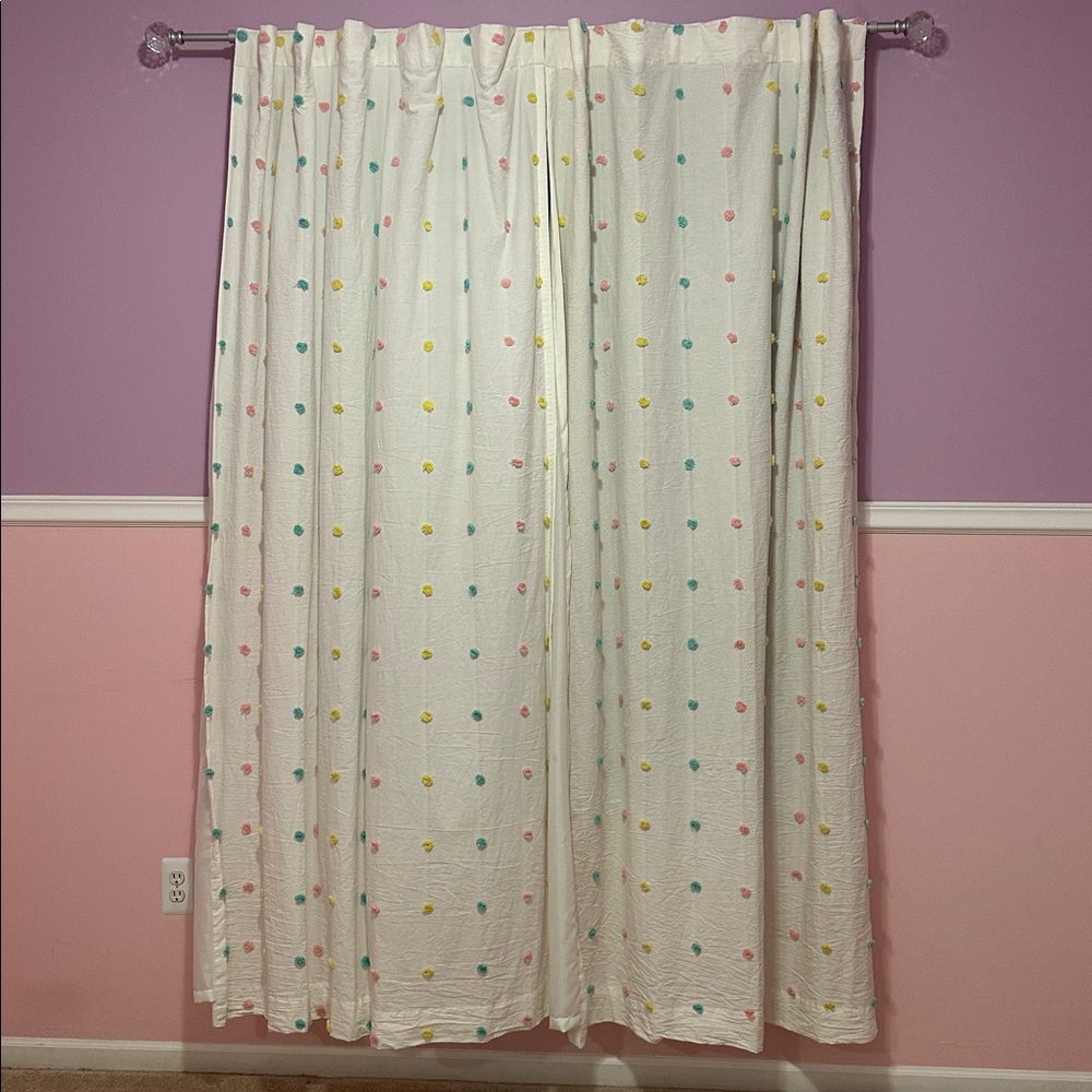 Pom Pom multi colored bundle of 2 curtain panels white panes with Pom Poms